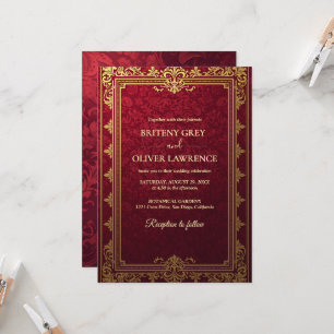 Elegante Vintage Burgunderrote und Goldene Hochzei Einladung