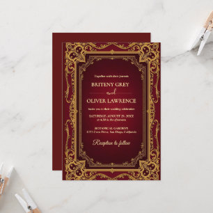 Elegante Vintage Burgunderrote und Goldene Hochzei Einladung