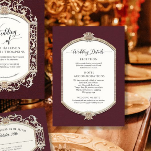 Elegante Vintage Burgundy Gold Wedding Details Einladung