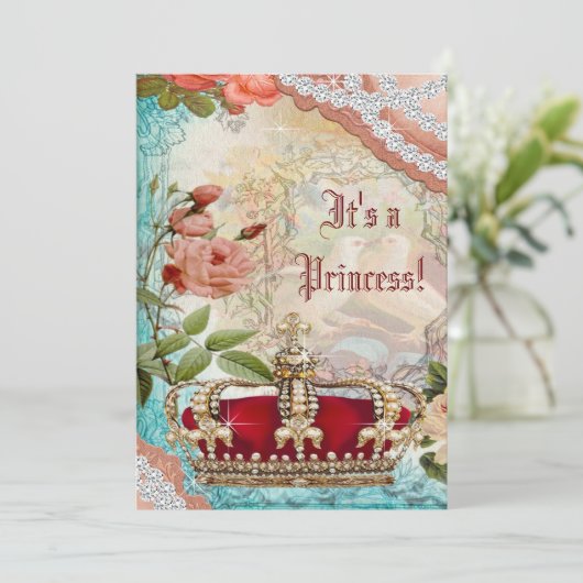 Elegante Vintage Crown Princess Babydusche Einladung (Stehend Vorderseite)