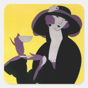 Elegante Vintage-Dame beim Nachmittags-Teekränzche Quadratischer Aufkleber