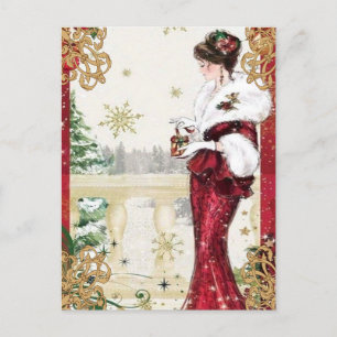 Elegante Vintage Dame mit Weihnachtsgeschenk Postkarte