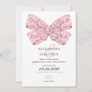 Elegante Vintage Diamonds Pink Bow Script Wedding Einladung