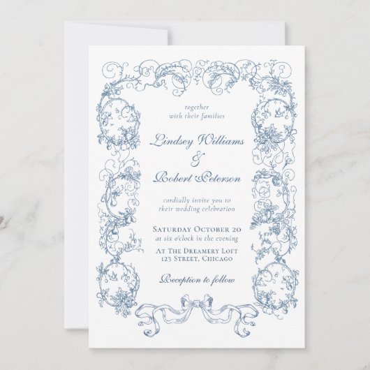 Elegante Vintage Dusty Blue Verziert Wedding Einladung (Vorderseite)