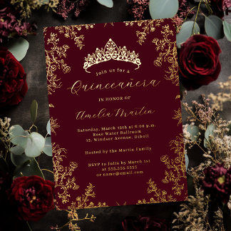 Elegante Vintage Floral Burgundy Gold Quinceanera Folieneinladung