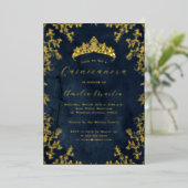 Elegante Vintage Floral Navy Gold Quinceanera Folieneinladung (Stehend vorne)