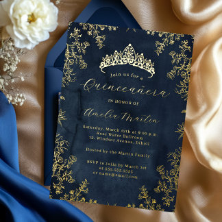 Elegante Vintage Floral Navy Gold Quinceanera Folieneinladung