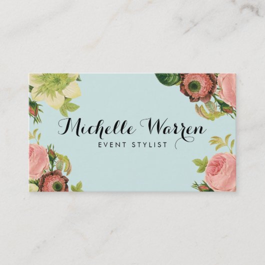 Elegante Vintage Florals auf Robins Egg Blue Visitenkarte (Vorderseite)