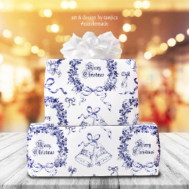 Elegante Vintage frohe Weihnachtsbäume Blue Toile Geschenkpapier
