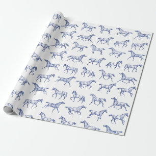 Elegante Vintage galoppierende Pferde Blau Weiße T Geschenkpapier