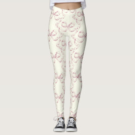 Elegante Vintage Girly Preppy Pink Bows on Ivory Leggings