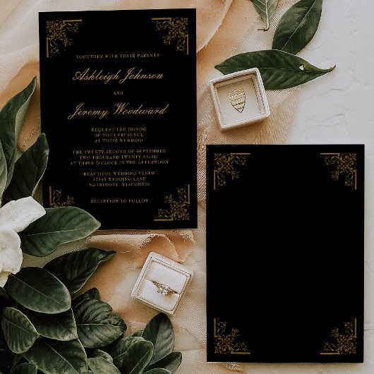 Elegante Vintage Gold Corners Script Black Wedding Einladung