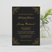Elegante Vintage Gold Corners Script Black Wedding Einladung (Stehend Vorderseite)