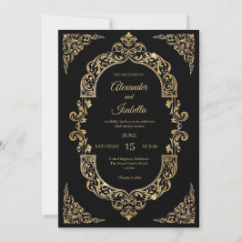 Elegante Vintage Gold-Filigran Schwarze Hochzeit Einladung