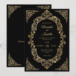 Elegante Vintage Gold-Filigran Schwarze Hochzeit Einladung