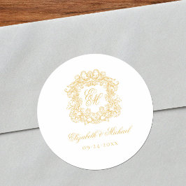 Elegante Vintage-Gold-Monogramm-Wappen-Hochzeit  Runder Aufkleber