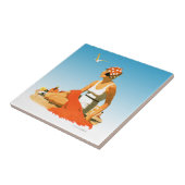 Elegante Vintage Grafik der Frau am Strand Fliese (Seite)