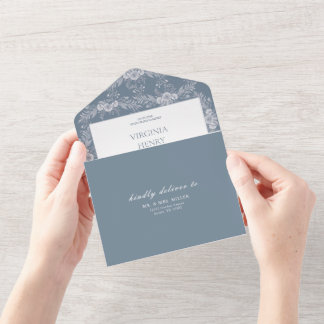 Elegante Vintage Grau-Blau Hochzeits-Einladung mit All In One Einladung