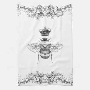 Elegante Vintage-Graue Hummel- und Kronen-Blumenmu Geschirrtuch