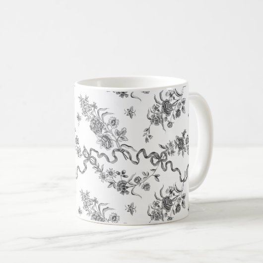 Elegante Vintage Gravierschwarze Rose und Ribbons Kaffeetasse (VorderseiteRechts)