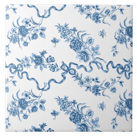 Elegante Vintage, gravierte blaue Rose und Ribbons Fliese (Vorderseite)