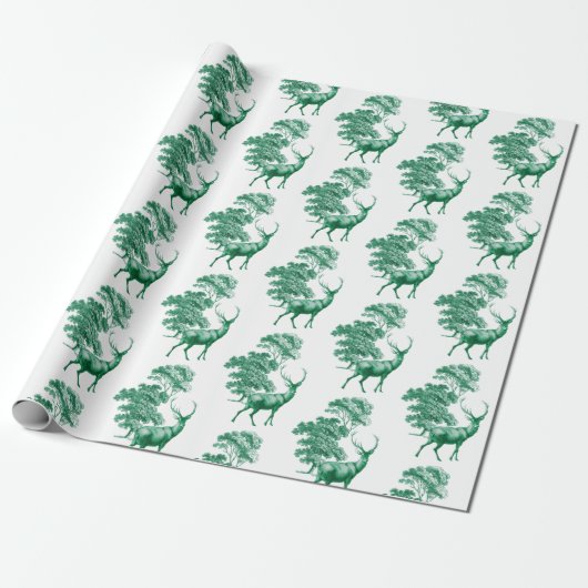 Elegante Vintage grüne Hirschlandschaft Geschenkpapier (Ungerollt)