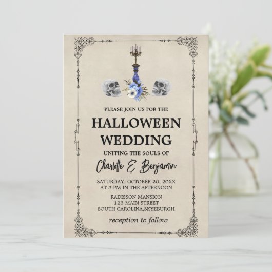 Elegante Vintage Halloween-Hochzeit Einladung (Stehend Vorderseite)