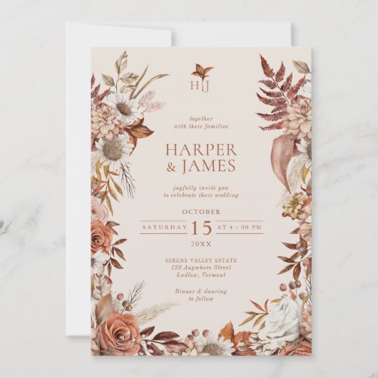 Elegante Vintage Herbstflorrahmen Hochzeit Einladung (Vorderseite)