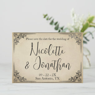 Elegante Vintage-Hochzeit auf verblasstem beigem P Save The Date