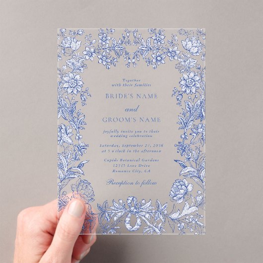 Elegante Vintage Hochzeit der französischen Blauen Acryleinladungen (Insitu (Handheld))