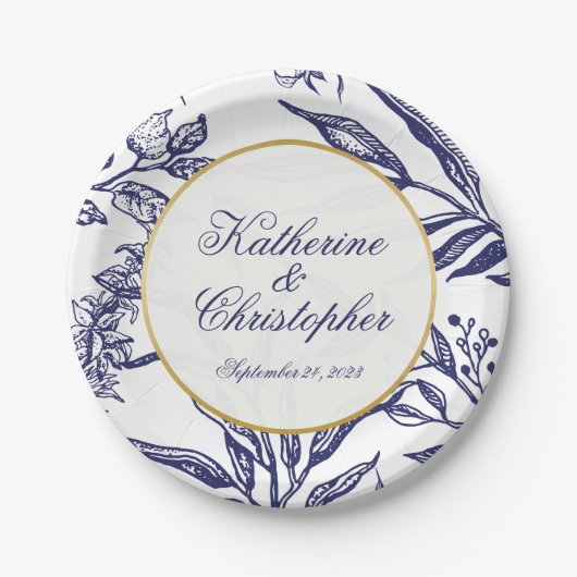 Elegante Vintage Hochzeit des Blauen Goldes Botani Pappteller (Vorderseite)
