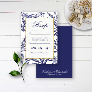 Elegante Vintage Hochzeit des Blauen Goldes Botani RSVP Karte