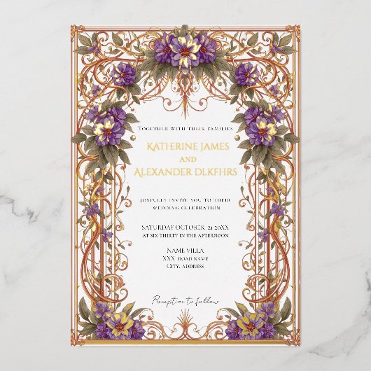 Elegante Vintage Hochzeit im Jugendstil Folieneinladung (Vorderseite)