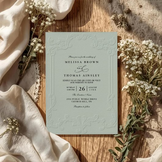 Elegante Vintage-Hochzeit mit geprägtem QR-Code Einladung