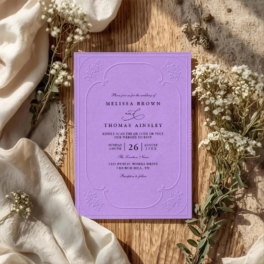 Elegante Vintage-Hochzeit mit geprägtem QR-Code Einladung