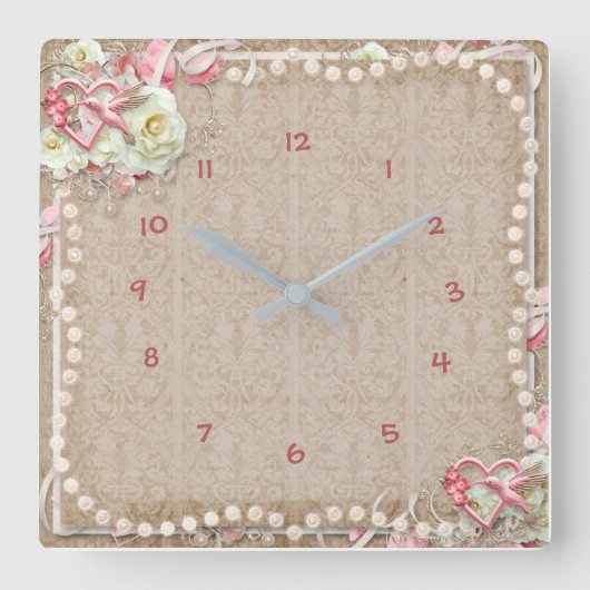 Elegante Vintage Hummingbird White Rose Perlen Quadratische Wanduhr (Vorderseite)