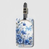 Elegante Vintage Indigoblau-Blüten Gepäckanhänger (Vorderseite Vertikal)