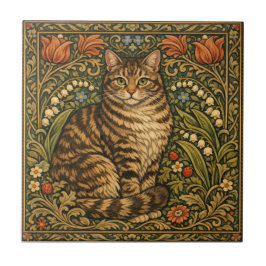 Elegante Vintage-Katze, florales Botanisches Fliese