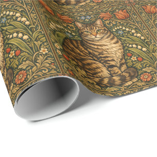 Elegante Vintage-Katze, florales Botanisches Geschenkpapier