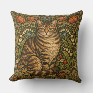 Elegante Vintage-Katze, florales Botanisches Kissen