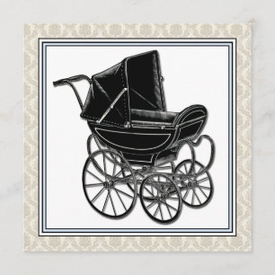 Elegante Vintage-Kinderwagen Beige Damast-Baby-Par Einladung