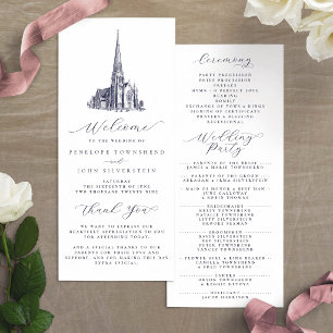 Elegante Vintage-Kirchenillustration Hochzeit Programm