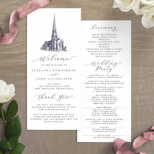 Elegante Vintage-Kirchenillustration Hochzeit Programm