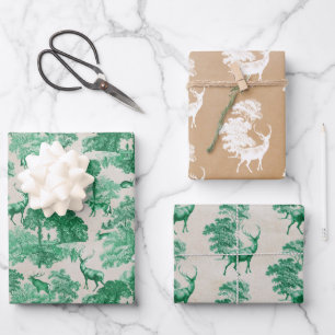 Elegante Vintage Kraft Green Country Toile Deer Geschenkpapier Set