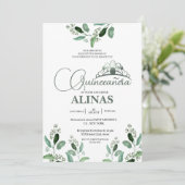 Elegante, Vintage Kronen aus Quinceañera Sage Gree Einladung (Stehend Vorderseite)