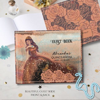 Elegante Vintage Kupfer-Rose Quinceañera Gästebuch