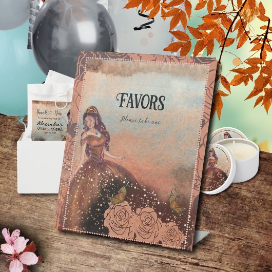 Elegante Vintage Kupfer-Rose Quinceñera-Favoriten Sockelschild