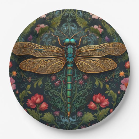 Elegante Vintage-Libelle Boho-Botanik Pappteller (Vorderseite)