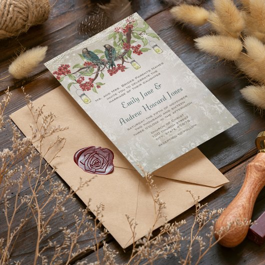 Elegante Vintage Lovebird Red Silver Wedding Einladung