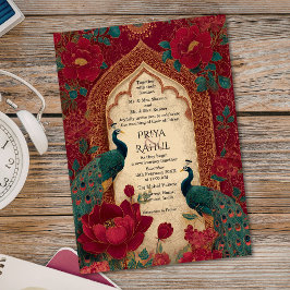 Elegante Vintage-Maroon-Gold-Pfau-Hochzeit in Indi Einladung